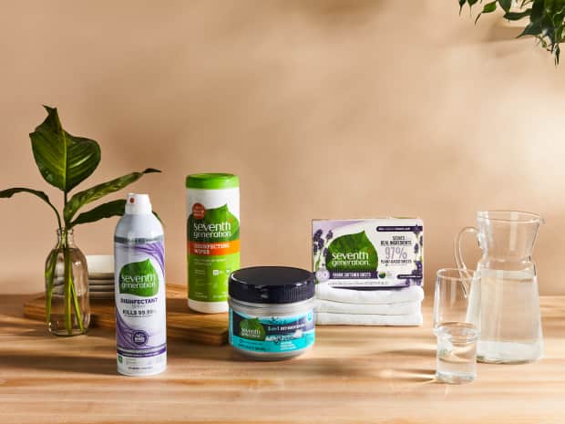 Seventh Generation cleaning products on a wood shelf