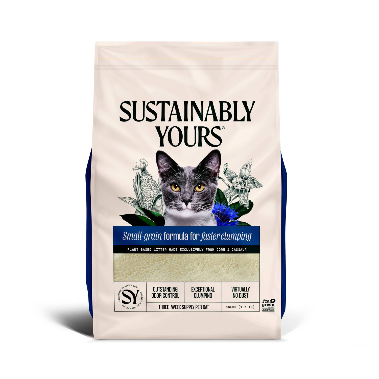 The Sustainably Yours Cat Litter Small-Grain Formula, 13lb bag features a gray and white cat on the packaging. It emphasizes its small-grain formula, fast clumping, and natural corn and cassava ingredients for exceptional odor control with less dust.