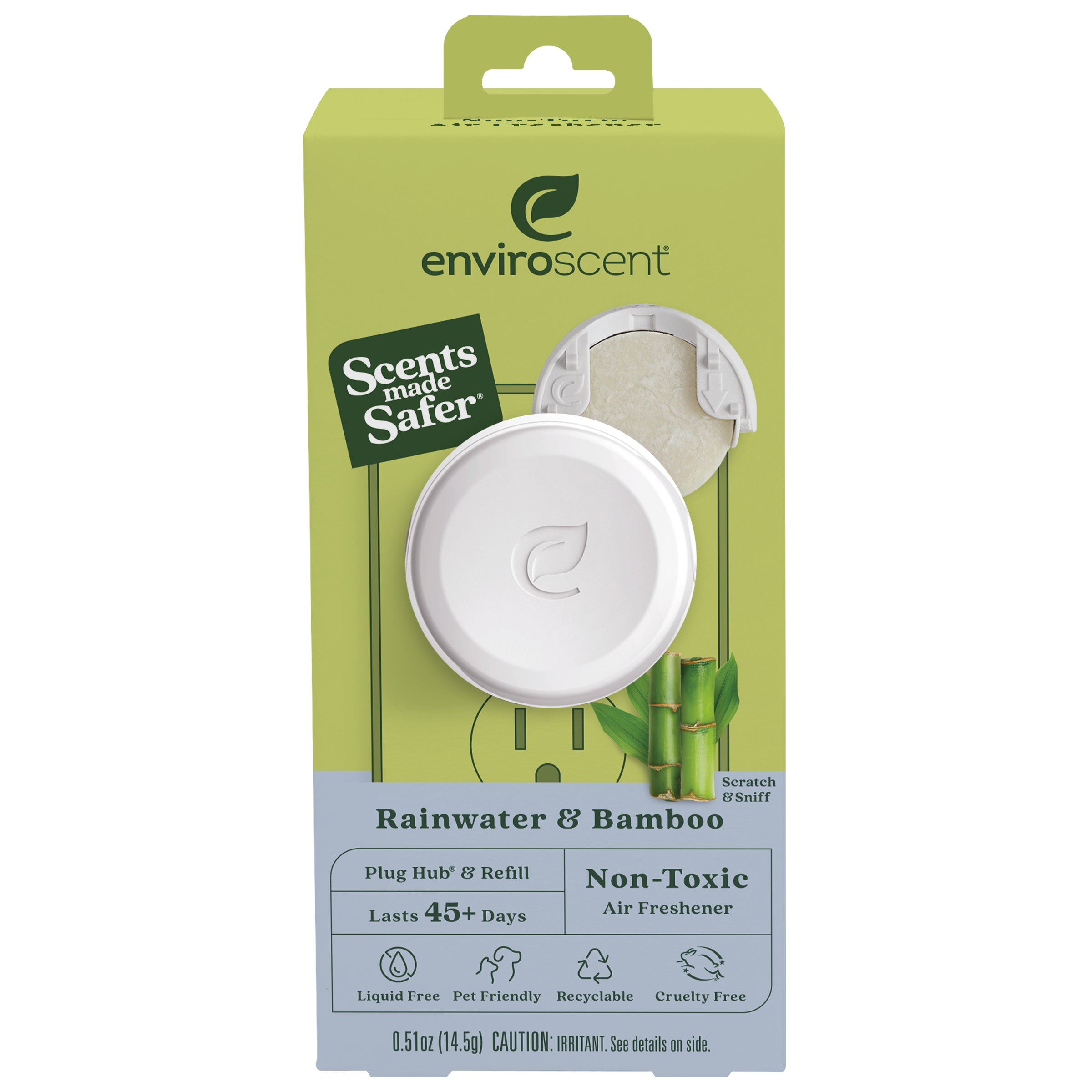 Discover Enviroscents Plug-in Air Freshener Starter Set in Rainwater & Bamboo. This eco-friendly, essential oil-based freshener includes a plug hub and a refill lasting over 45 days. Its non-toxic, pet-friendly, and fully recyclable for a greener home.